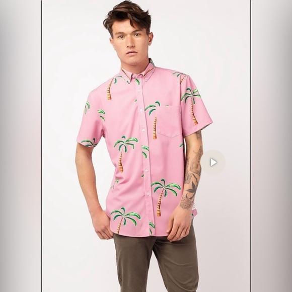 NWOT Men’s Duvin Design Avenue Pink Short Sleeve Palm Tree Buttondown Size L - Picture 1 of 10